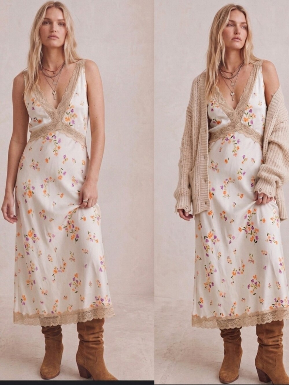 Nasty Gal Floral Satin Lace Trim Midi Slip Dress US 6 Boho Cottagecore